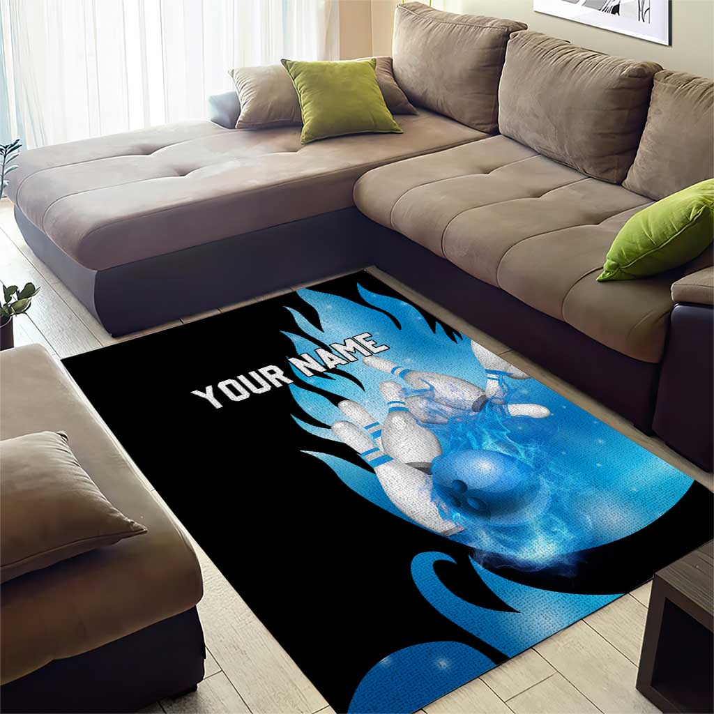 Blue Flame Bowling Ball and Pins Design Area Rug with Smoke Effects and Custom Team Name Text - Wonder Print Shop