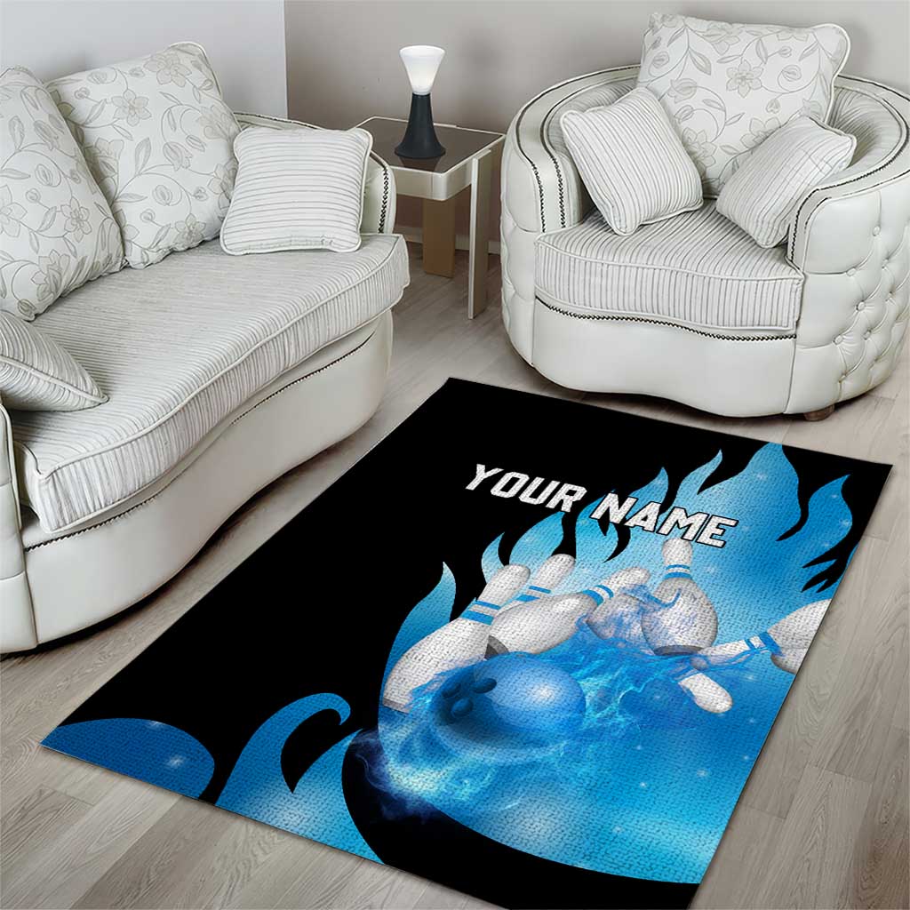 Blue Flame Bowling Ball and Pins Design Area Rug with Smoke Effects and Custom Team Name Text - Wonder Print Shop