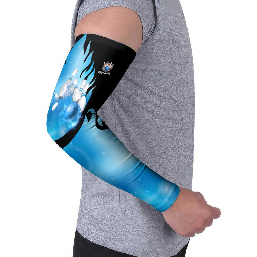 Blue Flame Bowling Ball and Pins Design Arm Sleeves with Smoke Effects and Custom Team Name Text - Wonder Print Shop