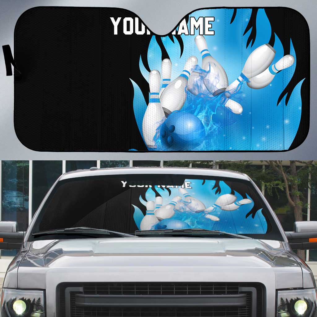 Blue Flame Bowling Ball and Pins Design Auto Sun Shade with Smoke Effects and Custom Team Name Text - Wonder Print Shop