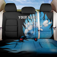 Blue Flame Bowling Ball and Pins Design Back Car Seat Cover with Smoke Effects and Custom Team Name Text - Wonder Print Shop