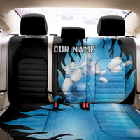 Blue Flame Bowling Ball and Pins Design Back Car Seat Cover with Smoke Effects and Custom Team Name Text - Wonder Print Shop