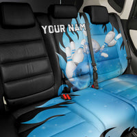 Blue Flame Bowling Ball and Pins Design Back Car Seat Cover with Smoke Effects and Custom Team Name Text - Wonder Print Shop