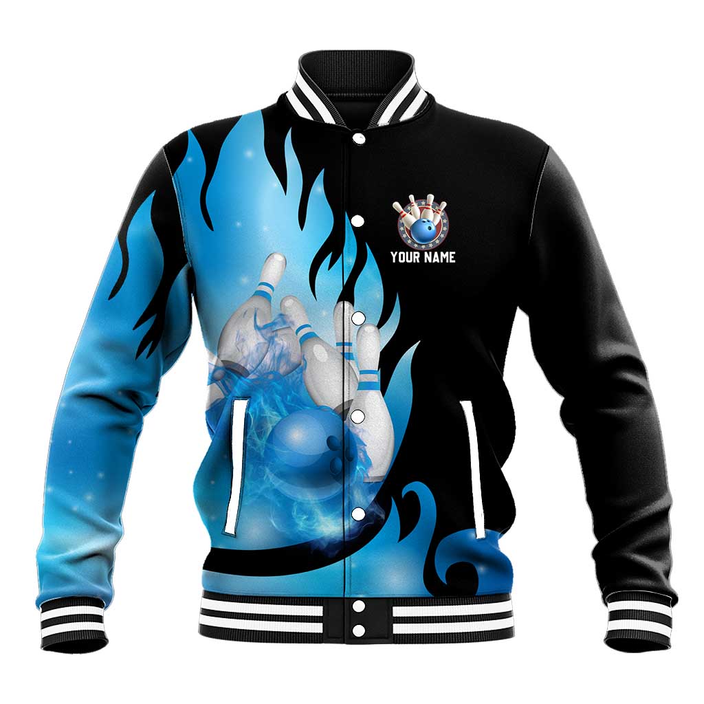 Blue Flame Bowling Ball and Pins Design Baseball Jacket with Smoke Effects and Custom Team Name Text - Wonder Print Shop