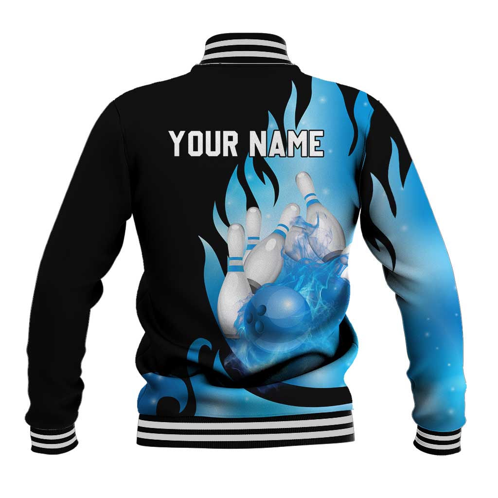 Blue Flame Bowling Ball and Pins Design Baseball Jacket with Smoke Effects and Custom Team Name Text - Wonder Print Shop