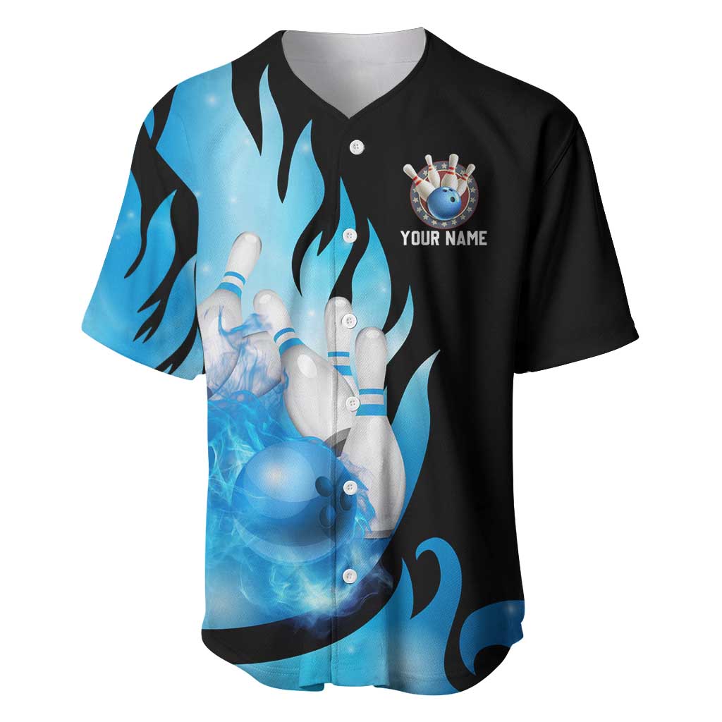 Blue Flame Bowling Ball and Pins Design Baseball Jersey with Smoke Effects and Custom Team Name Text - Wonder Print Shop