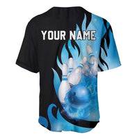 Blue Flame Bowling Ball and Pins Design Baseball Jersey with Smoke Effects and Custom Team Name Text - Wonder Print Shop