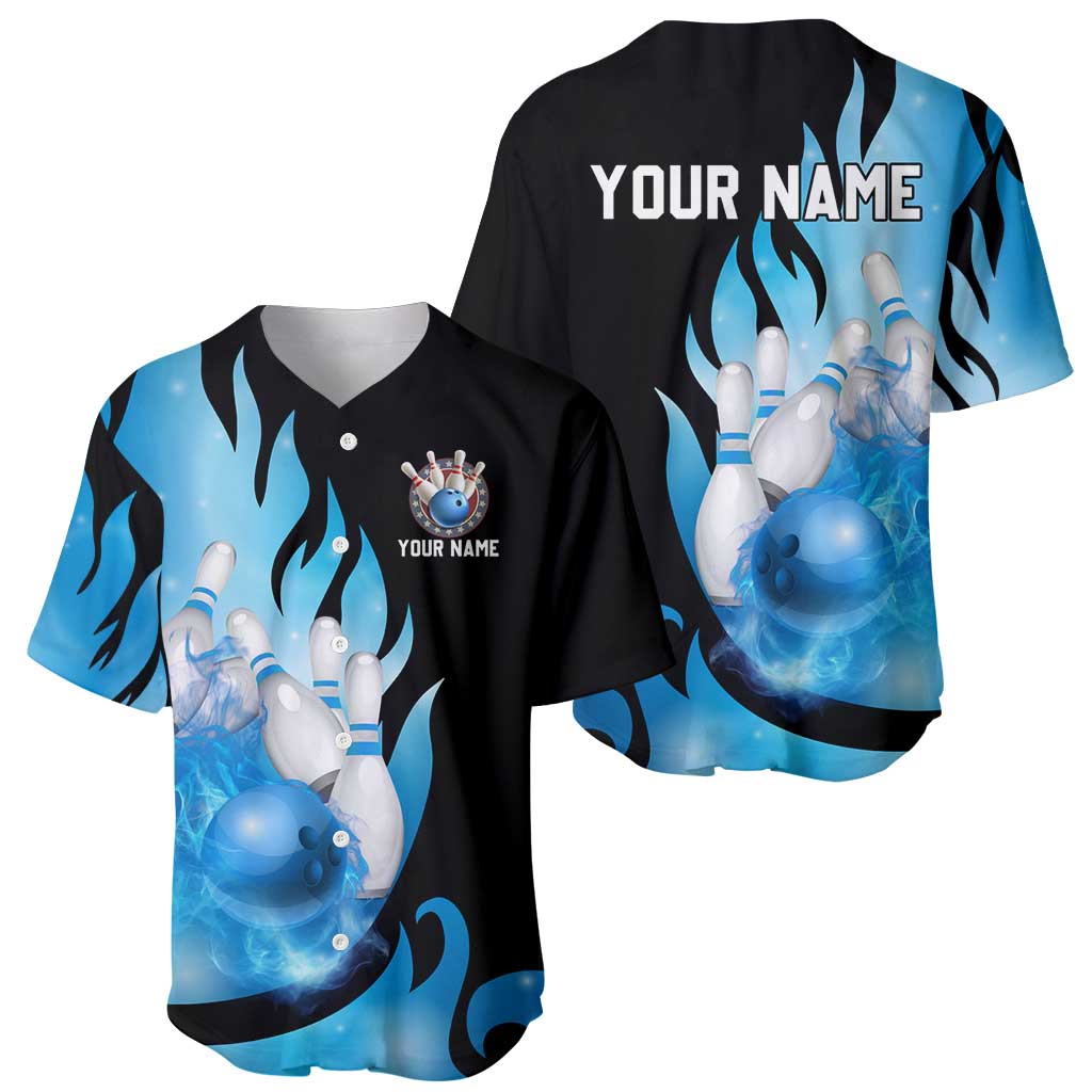 Blue Flame Bowling Ball and Pins Design Baseball Jersey with Smoke Effects and Custom Team Name Text - Wonder Print Shop