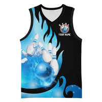 Blue Flame Bowling Ball and Pins Design Basketball Jersey with Smoke Effects and Custom Team Name Text - Wonder Print Shop