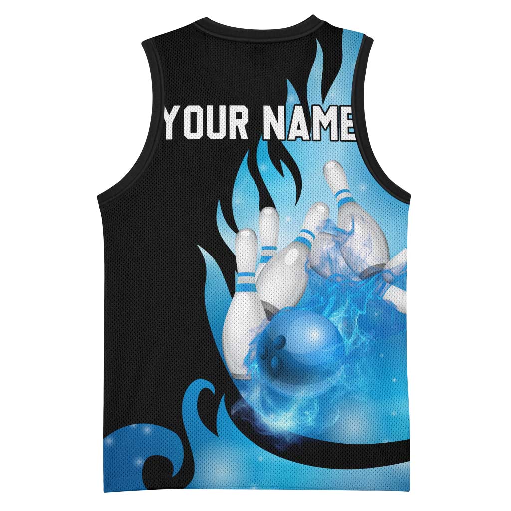 Blue Flame Bowling Ball and Pins Design Basketball Jersey with Smoke Effects and Custom Team Name Text - Wonder Print Shop