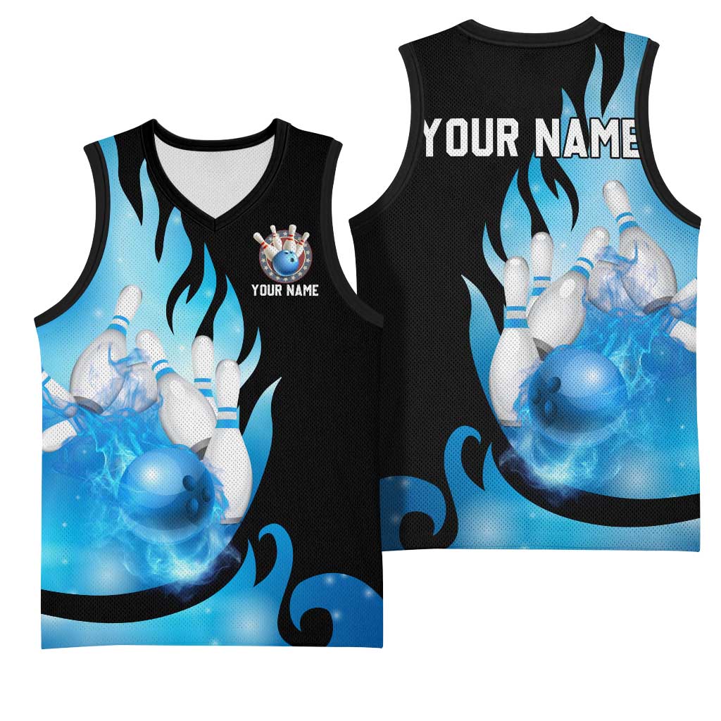 Blue Flame Bowling Ball and Pins Design Basketball Jersey with Smoke Effects and Custom Team Name Text - Wonder Print Shop