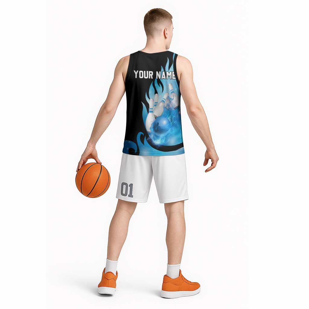Blue Flame Bowling Ball and Pins Design Basketball Jersey with Smoke Effects and Custom Team Name Text - Wonder Print Shop