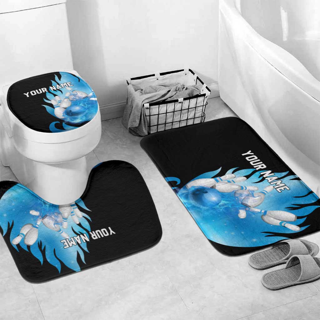 Blue Flame Bowling Ball and Pins Design Bathroom Set with Smoke Effects and Custom Team Name Text - Wonder Print Shop