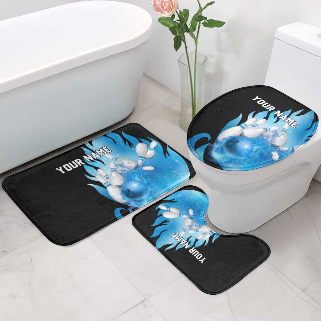Blue Flame Bowling Ball and Pins Design Bathroom Set with Smoke Effects and Custom Team Name Text - Wonder Print Shop