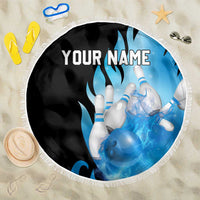 Blue Flame Bowling Ball and Pins Design Beach Blanket with Smoke Effects and Custom Team Name Text - Wonder Print Shop