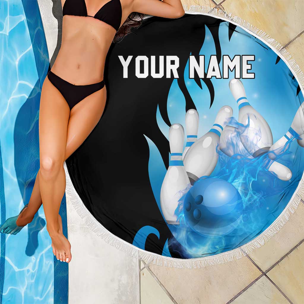 Blue Flame Bowling Ball and Pins Design Beach Blanket with Smoke Effects and Custom Team Name Text - Wonder Print Shop
