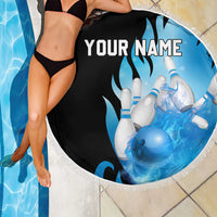 Blue Flame Bowling Ball and Pins Design Beach Blanket with Smoke Effects and Custom Team Name Text - Wonder Print Shop