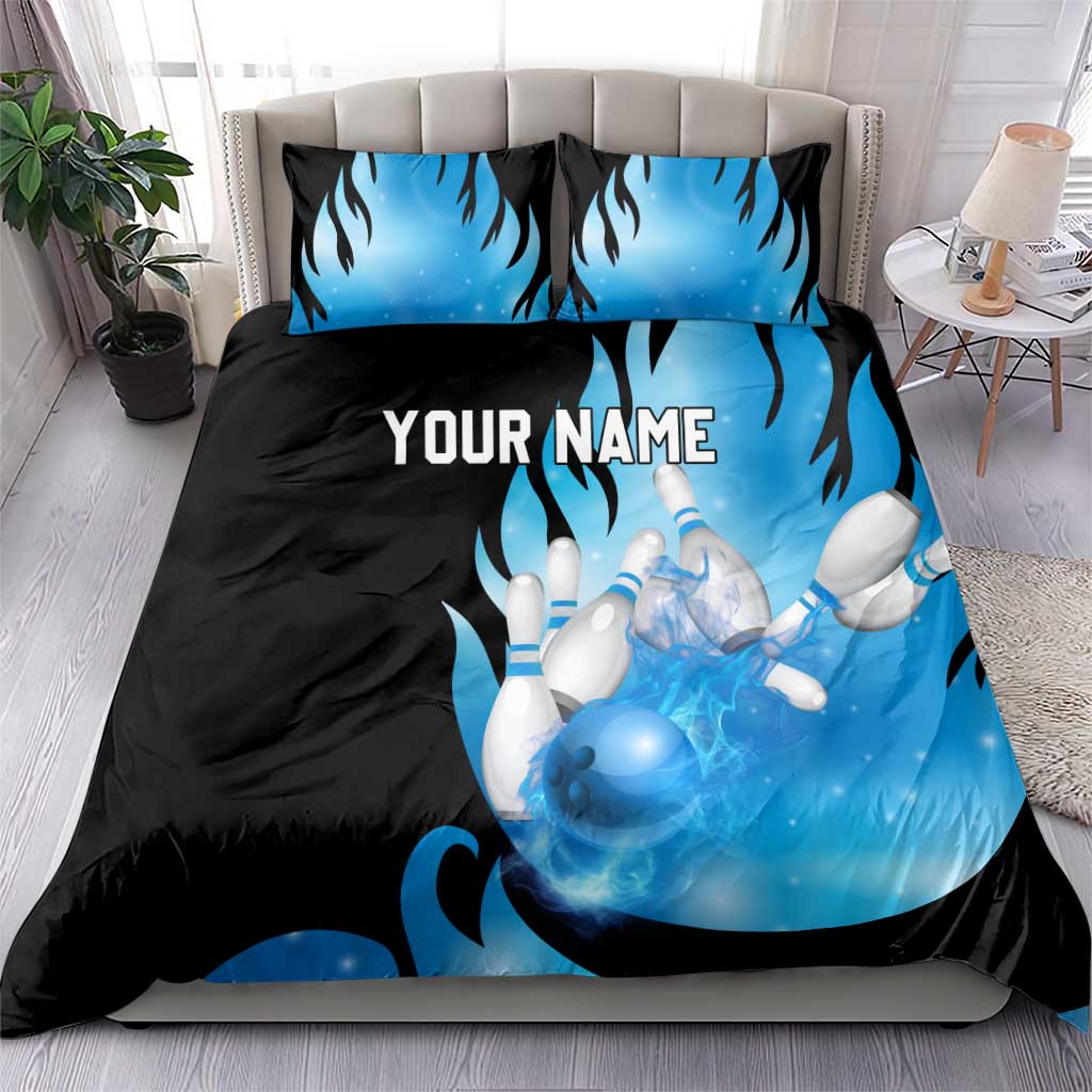 Blue Flame Bowling Ball and Pins Design Bedding Set with Smoke Effects and Custom Team Name Text - Wonder Print Shop