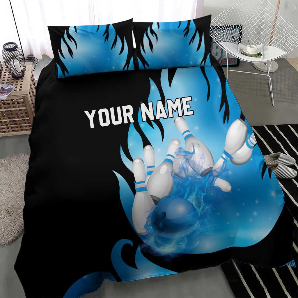 Blue Flame Bowling Ball and Pins Design Bedding Set with Smoke Effects and Custom Team Name Text - Wonder Print Shop