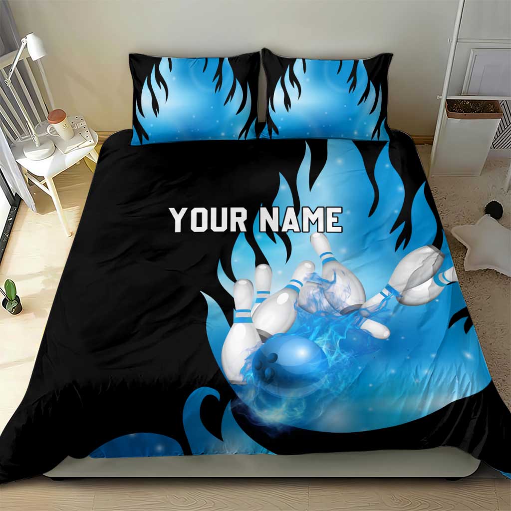 Blue Flame Bowling Ball and Pins Design Bedding Set with Smoke Effects and Custom Team Name Text - Wonder Print Shop