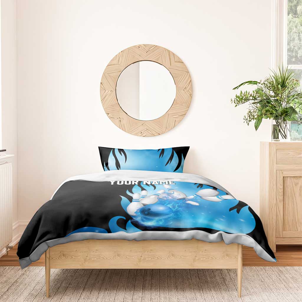 Blue Flame Bowling Ball and Pins Design Bedding Set with Smoke Effects and Custom Team Name Text - Wonder Print Shop