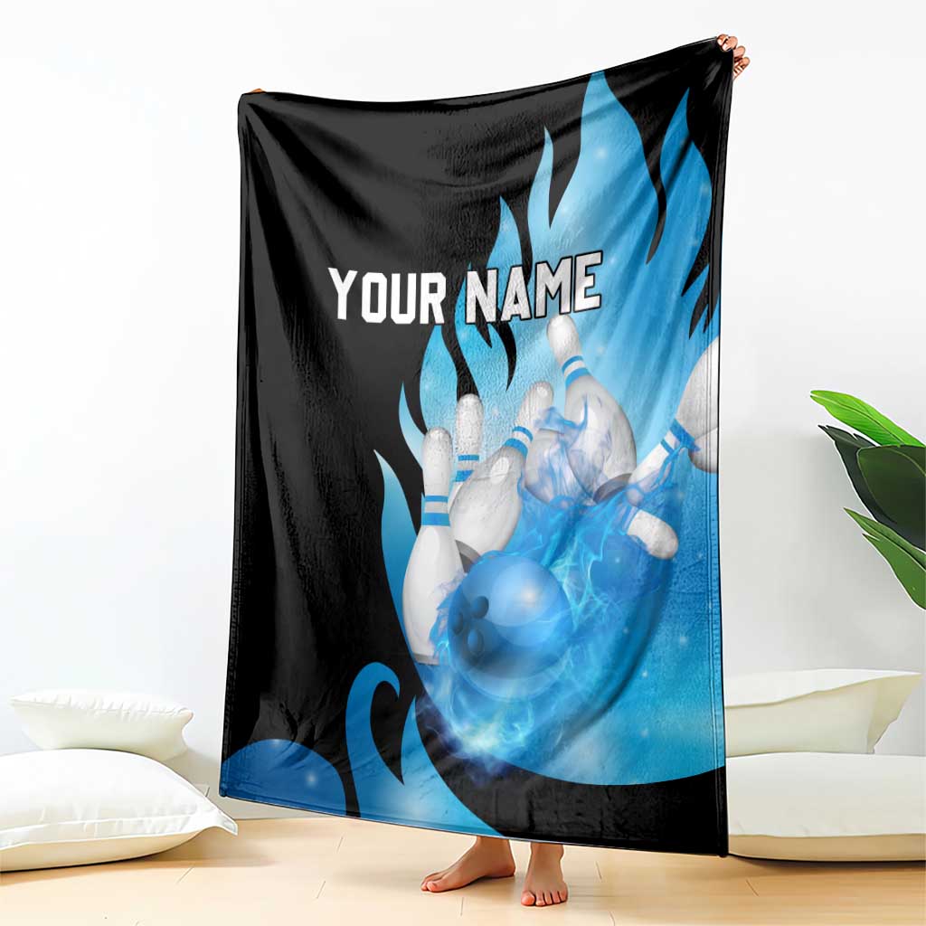 Blue Flame Bowling Ball and Pins Design Blanket with Smoke Effects and Custom Team Name Text - Wonder Print Shop