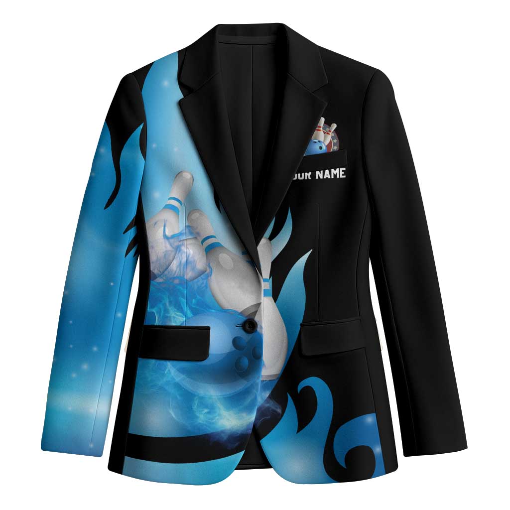 Blue Flame Bowling Ball and Pins Design Blazer with Smoke Effects and Custom Team Name Text - Wonder Print Shop