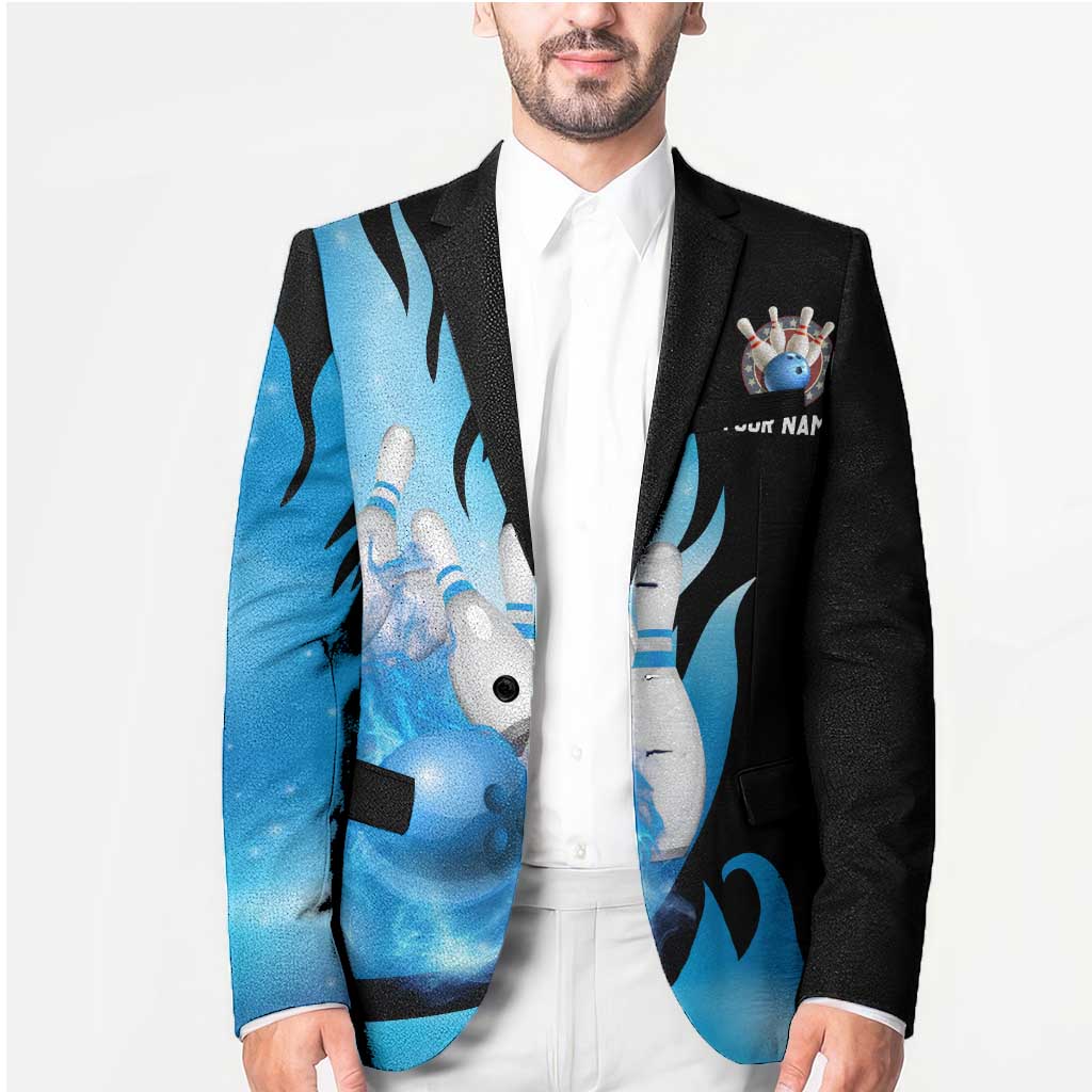 Blue Flame Bowling Ball and Pins Design Blazer with Smoke Effects and Custom Team Name Text - Wonder Print Shop