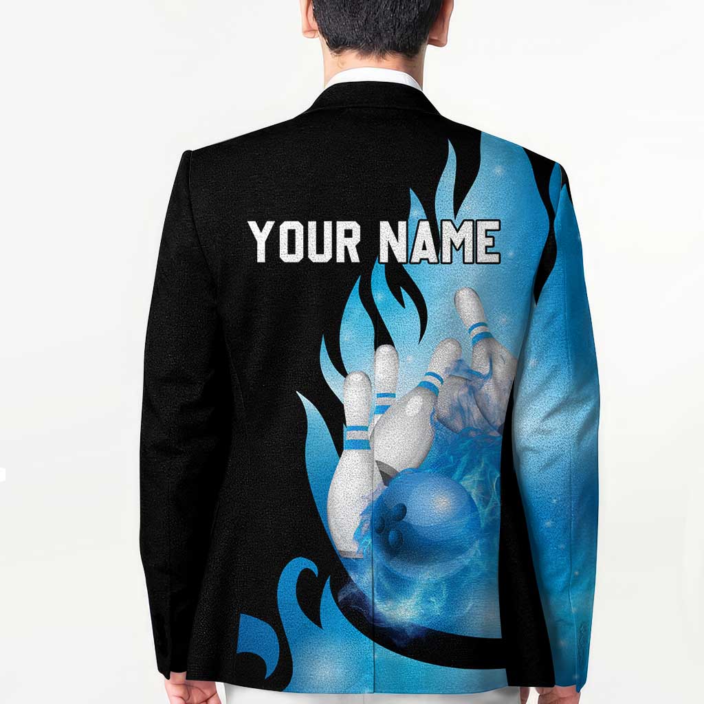Blue Flame Bowling Ball and Pins Design Blazer with Smoke Effects and Custom Team Name Text - Wonder Print Shop
