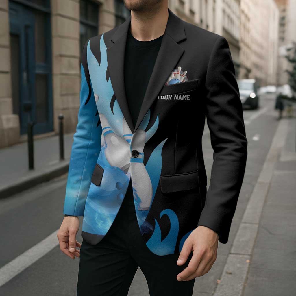 Blue Flame Bowling Ball and Pins Design Blazer with Smoke Effects and Custom Team Name Text - Wonder Print Shop