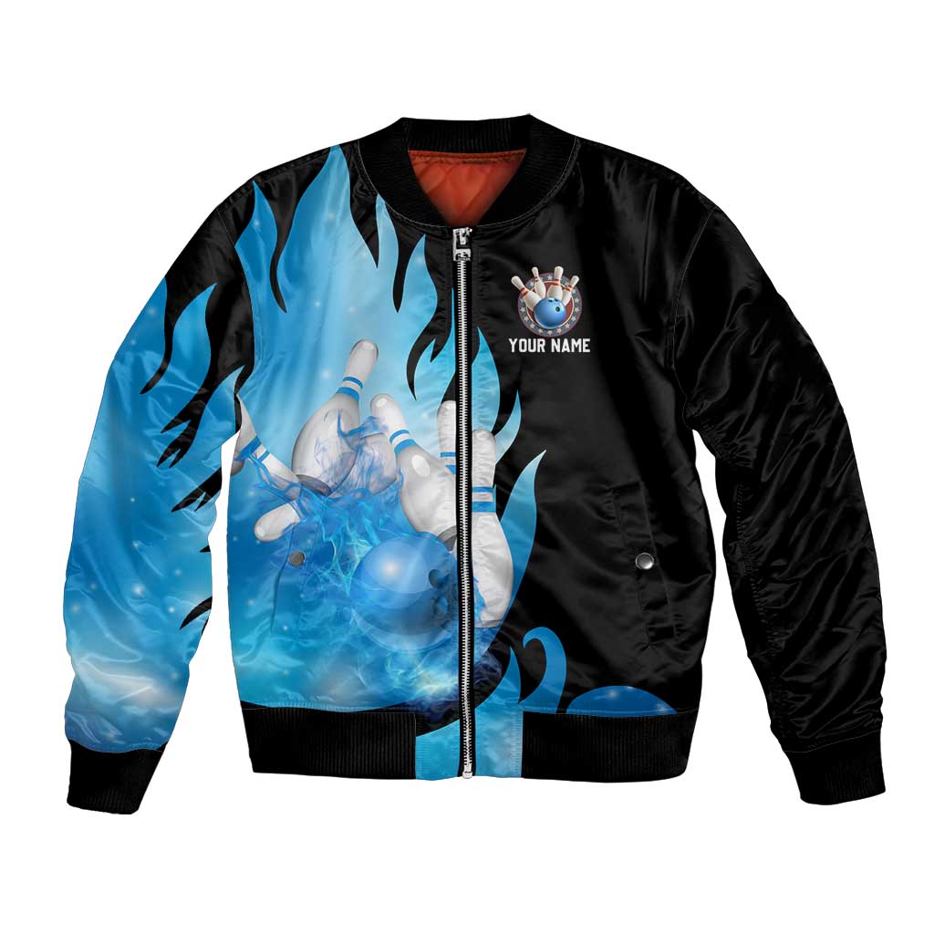 Blue Flame Bowling Ball and Pins Design Bomber Jacket with Smoke Effects and Custom Team Name Text - Wonder Print Shop