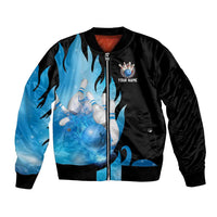 Blue Flame Bowling Ball and Pins Design Bomber Jacket with Smoke Effects and Custom Team Name Text - Wonder Print Shop