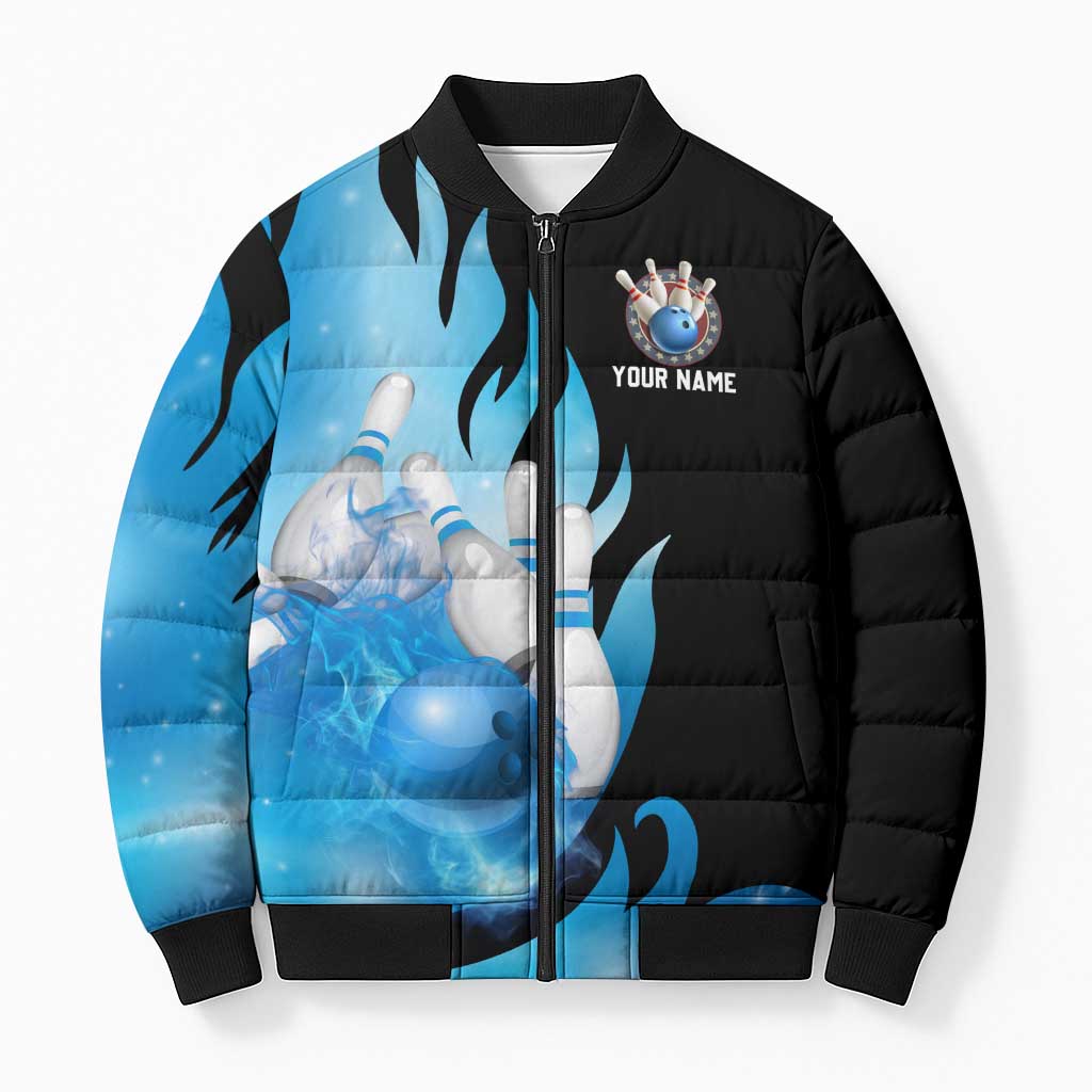 Blue Flame Bowling Ball and Pins Design Bomber Puffer Jacket with Smoke Effects and Custom Team Name Text - Wonder Print Shop