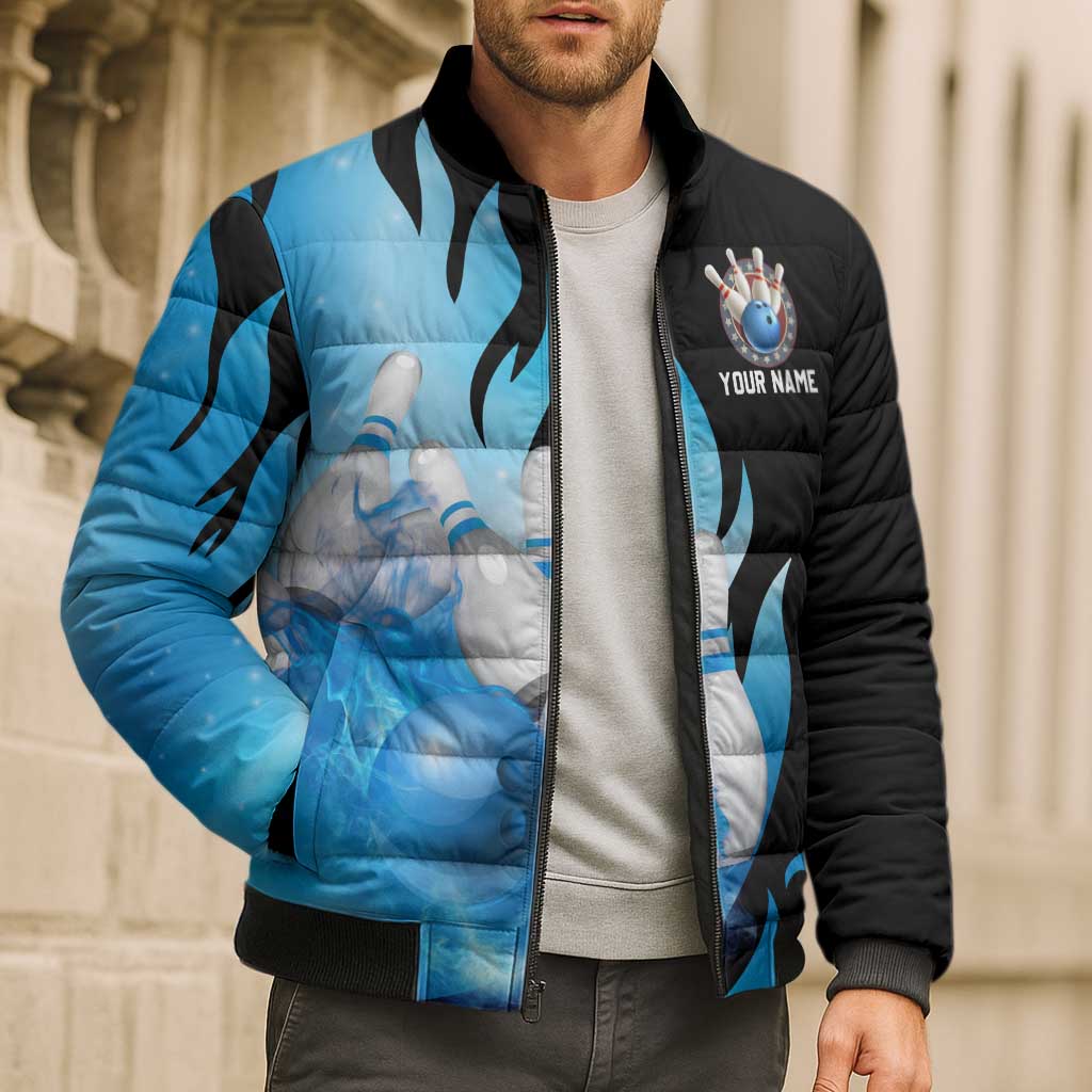 Blue Flame Bowling Ball and Pins Design Bomber Puffer Jacket with Smoke Effects and Custom Team Name Text - Wonder Print Shop