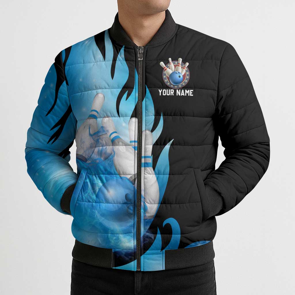 Blue Flame Bowling Ball and Pins Design Bomber Puffer Jacket with Smoke Effects and Custom Team Name Text - Wonder Print Shop