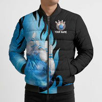 Blue Flame Bowling Ball and Pins Design Bomber Puffer Jacket with Smoke Effects and Custom Team Name Text - Wonder Print Shop