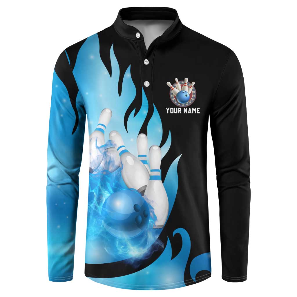 Blue Flame Bowling Ball and Pins Design Button Sweatshirt with Smoke Effects and Custom Team Name Text - Wonder Print Shop