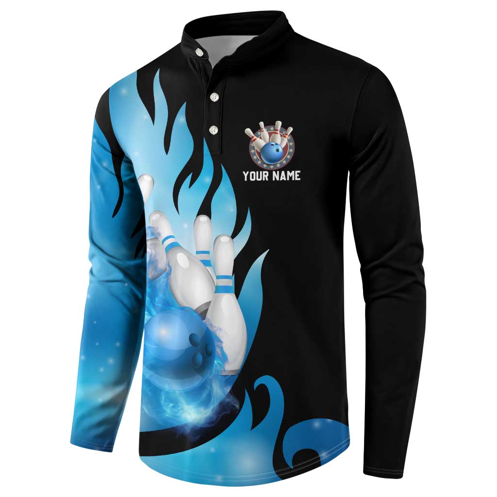 Blue Flame Bowling Ball and Pins Design Button Sweatshirt with Smoke Effects and Custom Team Name Text - Wonder Print Shop