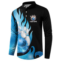 Blue Flame Bowling Ball and Pins Design Button Sweatshirt with Smoke Effects and Custom Team Name Text - Wonder Print Shop
