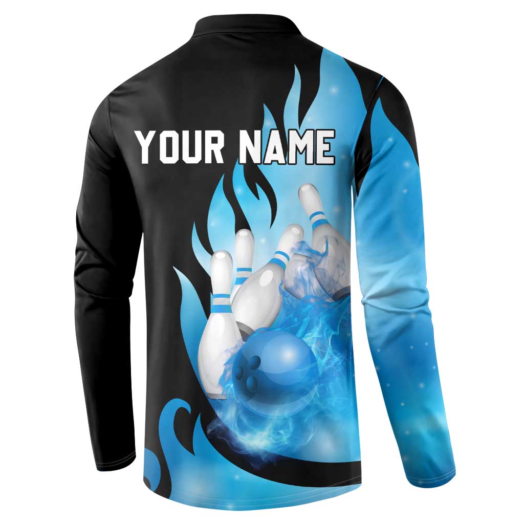 Blue Flame Bowling Ball and Pins Design Button Sweatshirt with Smoke Effects and Custom Team Name Text - Wonder Print Shop