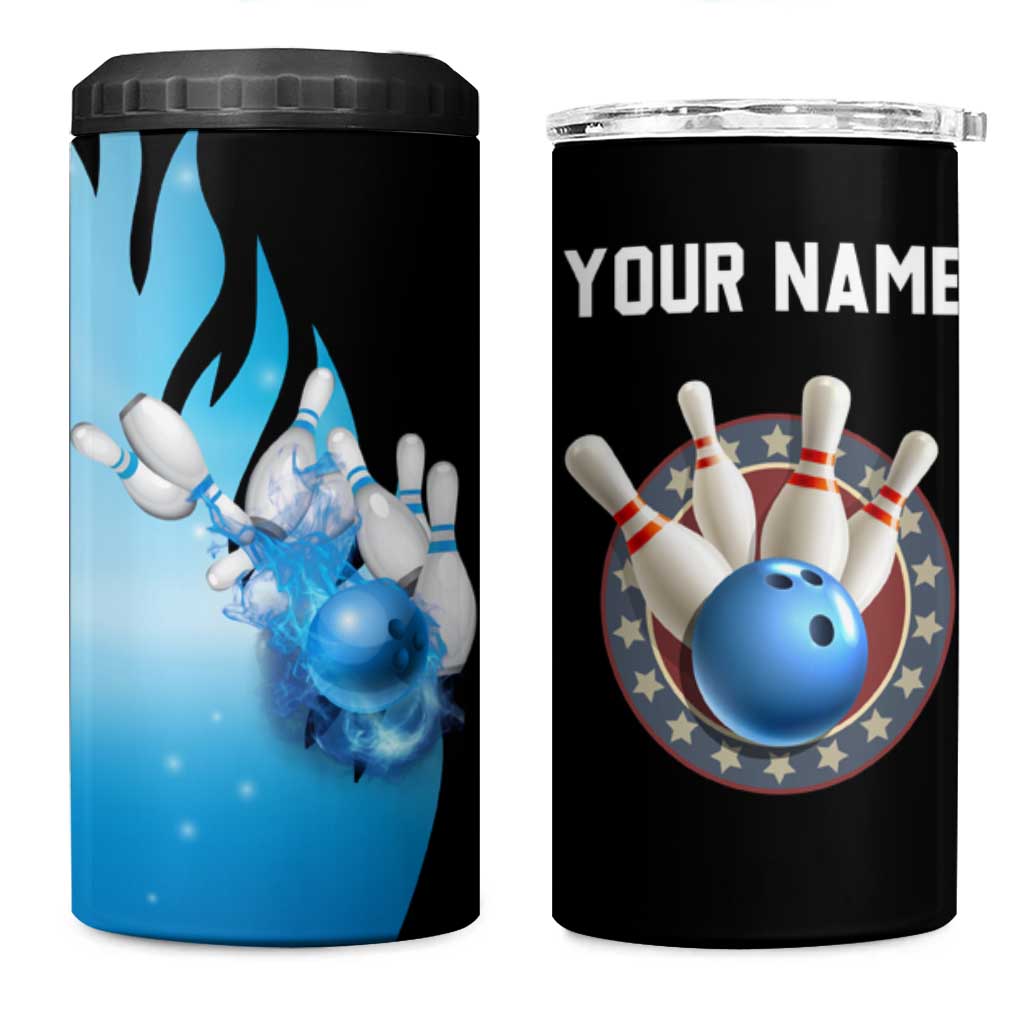 Blue Flame Bowling Ball and Pins Design 4 in 1 Can Cooler Tumbler with Smoke Effects and Custom Team Name Text - Wonder Print Shop