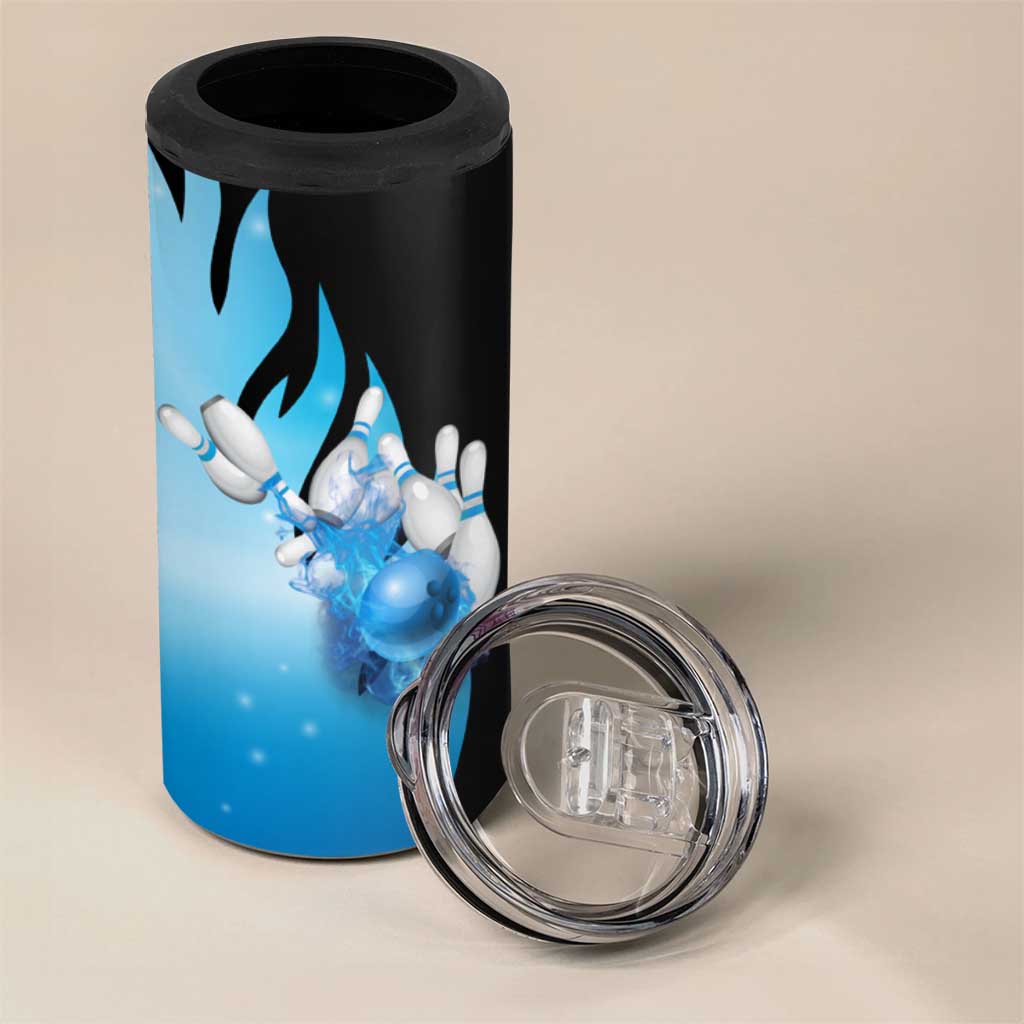 Blue Flame Bowling Ball and Pins Design 4 in 1 Can Cooler Tumbler with Smoke Effects and Custom Team Name Text - Wonder Print Shop