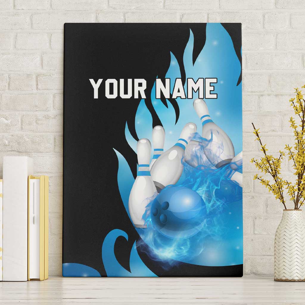 Blue Flame Bowling Ball and Pins Design Canvas Wall Art with Smoke Effects and Custom Team Name Text - Wonder Print Shop