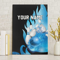 Blue Flame Bowling Ball and Pins Design Canvas Wall Art with Smoke Effects and Custom Team Name Text - Wonder Print Shop