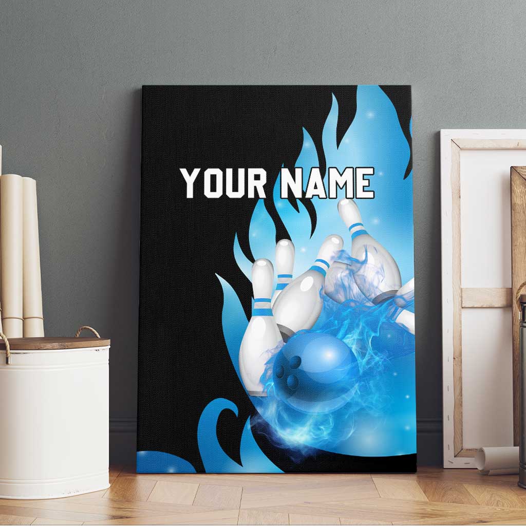Blue Flame Bowling Ball and Pins Design Canvas Wall Art with Smoke Effects and Custom Team Name Text - Wonder Print Shop