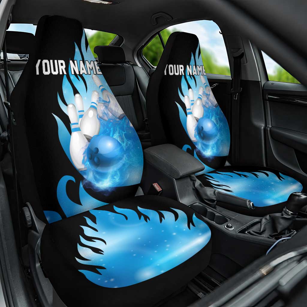 Blue Flame Bowling Ball and Pins Design Car Seat Cover with Smoke Effects and Custom Team Name Text - Wonder Print Shop