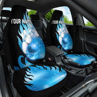 Blue Flame Bowling Ball and Pins Design Car Seat Cover with Smoke Effects and Custom Team Name Text - Wonder Print Shop