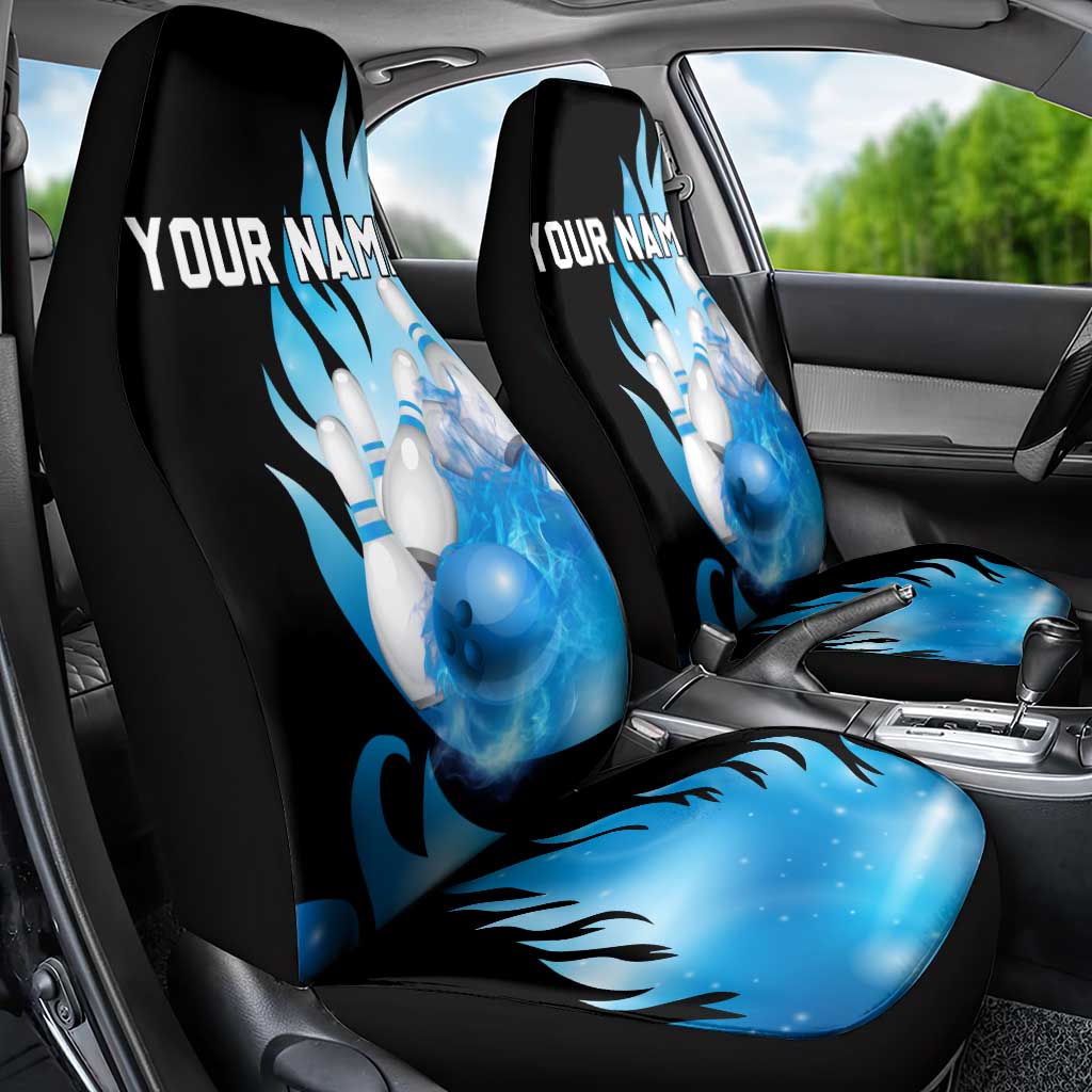 Blue Flame Bowling Ball and Pins Design Car Seat Cover with Smoke Effects and Custom Team Name Text - Wonder Print Shop