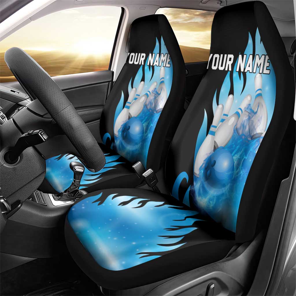 Blue Flame Bowling Ball and Pins Design Car Seat Cover with Smoke Effects and Custom Team Name Text - Wonder Print Shop