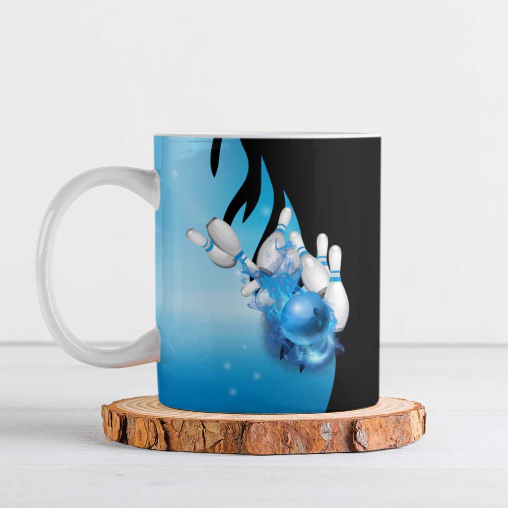 Blue Flame Bowling Ball and Pins Design Ceramic Mug with Smoke Effects and Custom Team Name Text - Wonder Print Shop